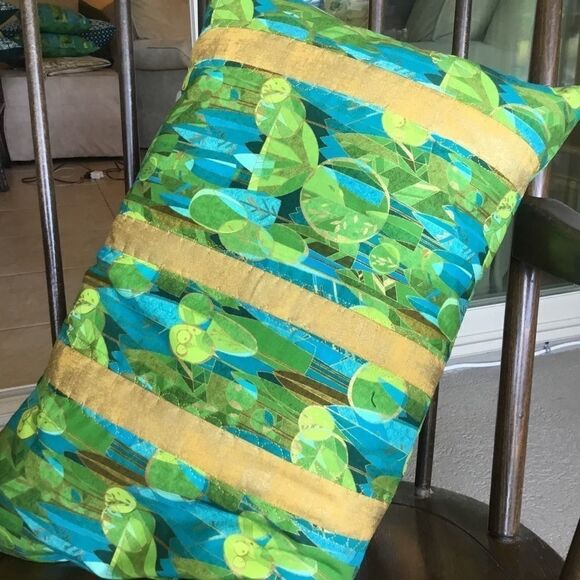 CLOSEOUT SALE $15 NWT  Quilted Teal & Gold 3 Stripe Pillow - Picture 1 of 8